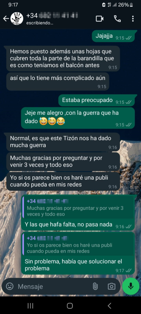 Agradecimiento directo al técnico